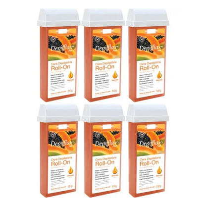 Kit 6 Refil Cera Depilatória Roll On Mamão Depilflax 100g