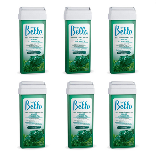 Kit 6 Refil Cera Depilatória Roll On Deo Algas Com Menta Depil Bella 100g